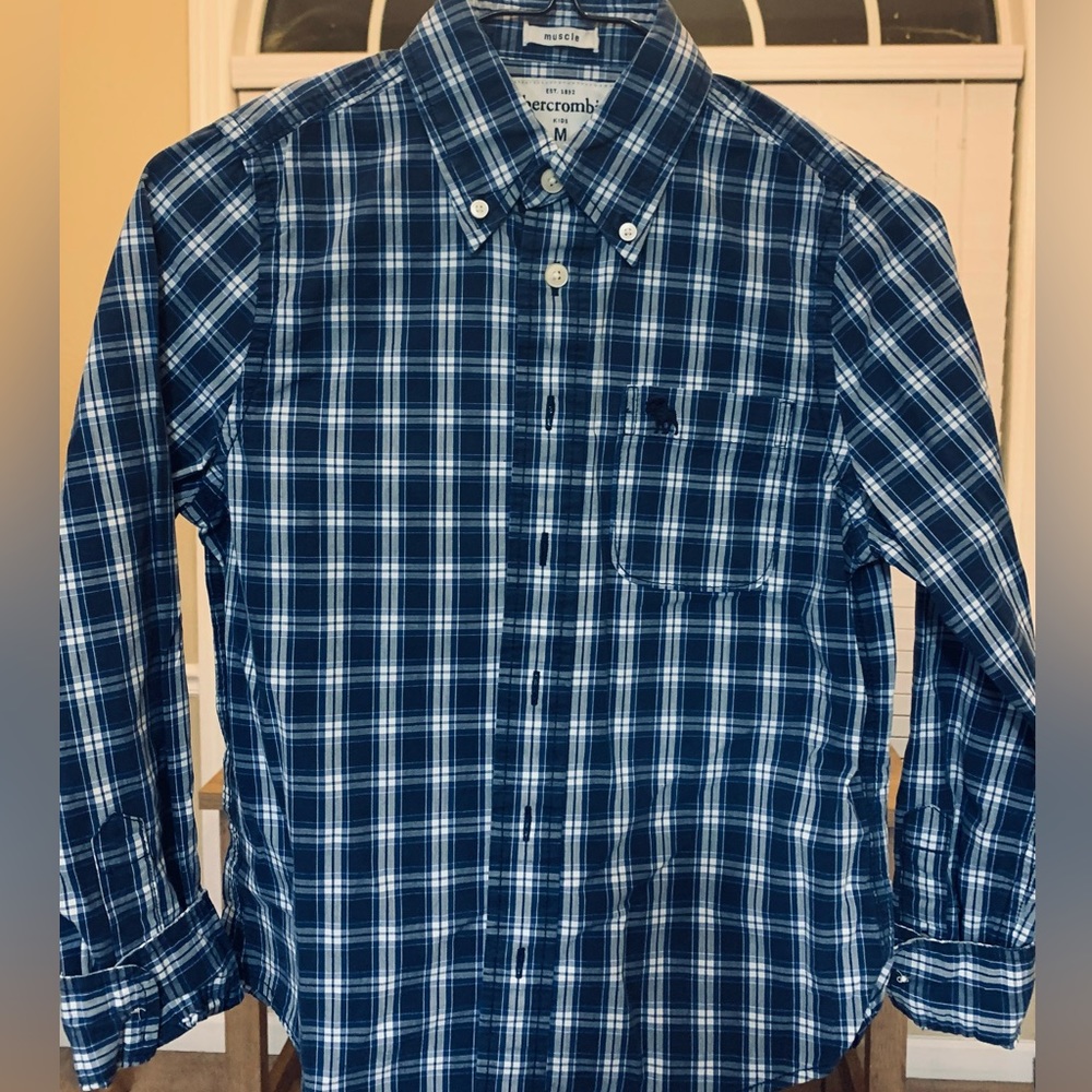 Abercrombie Boys Blue and White plaid long sleeve shirt.